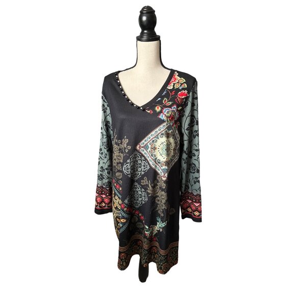 NorthStyle Black Boho Dress Embroidered Print Knit Beading Tattoo Sleeves Large - Picture 1 of 7